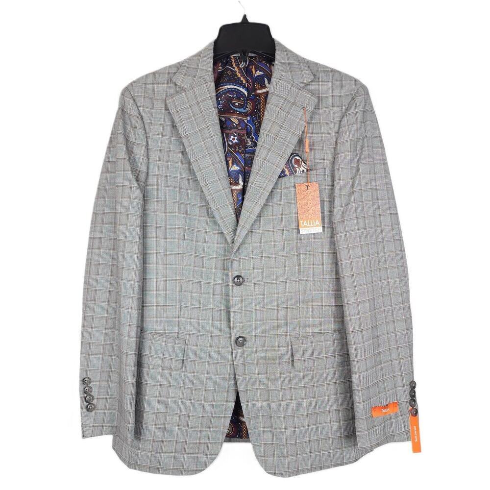 Tallia Mens Slim Fit Suit Jacket 38R Cream Brown Plaid Stretch Wool NWT *Defect*